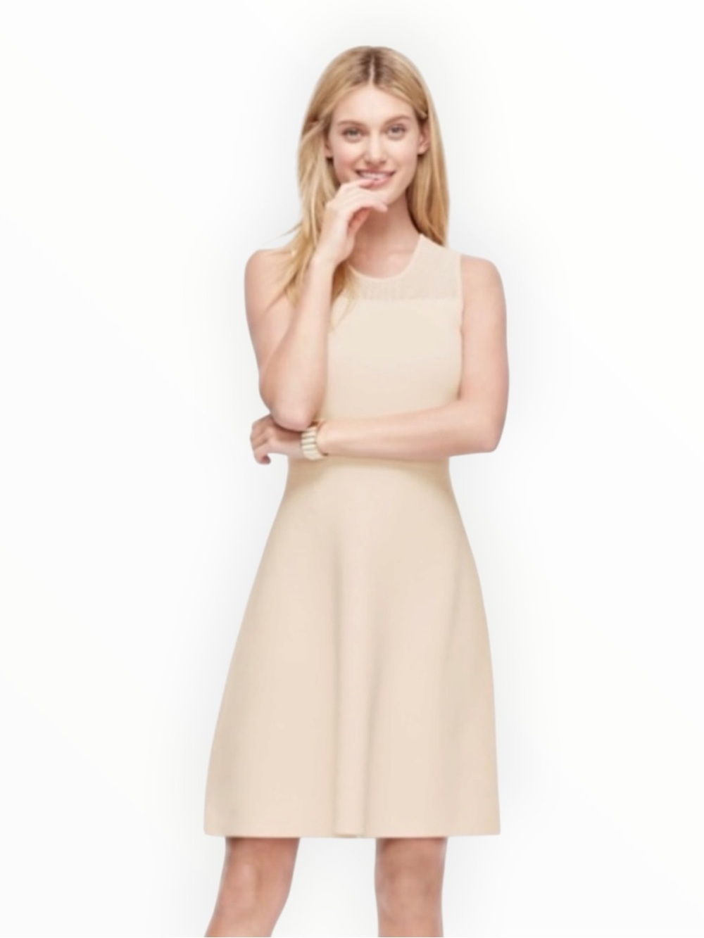 ANN TAYLOR Sleeveless Cream Midi Fit-and-Flare Dress Skater Work Party M Mesh